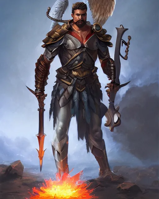 Prompt: character portrait of a brawny male warrior angel of justice, wearing shining armor, wielding a flaming sword and holding a kiteshield, by peter mohrbacher, mark brooks, jim burns, wadim kashin, greg rutkowski, larry elmore, trending on artstation