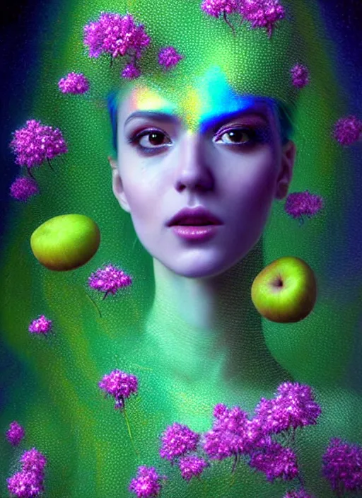 Prompt: hyper detailed 3d render like a chiariscuro Oil painting with depth - Aurora (Singer) looking adorable and seen in attractive dynamic pose joyfully Eating of the fine weblike Strangling network of thin yellowcake aerochrome and milky Fruit and Her delicate Hands hold of gossamer polyp blossoms bring iridescent fungal flowers whose spores black the foolish stars to her smirking mouth by Jacek Yerka, Mariusz Lewandowski, Houdini algorithmic generative render, Abstract brush strokes, Masterpiece, Edward Hopper and James Gilleard, Zdzislaw Beksinski, Mark Ryden, Wolfgang Lettl, hints of Yayoi Kasuma, octane render, 8k