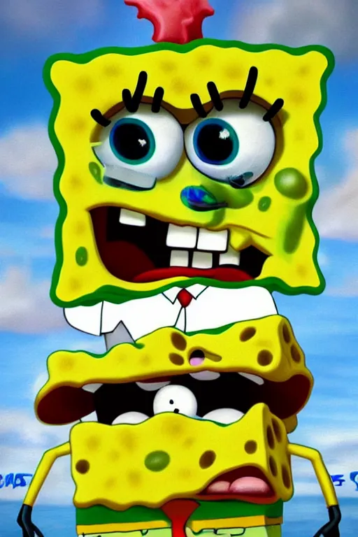 Prompt: photorealistic photo of spongebob squarepants, unsettling, stare, hyper detailed, realistic lighting, rtx on, featured on artstation