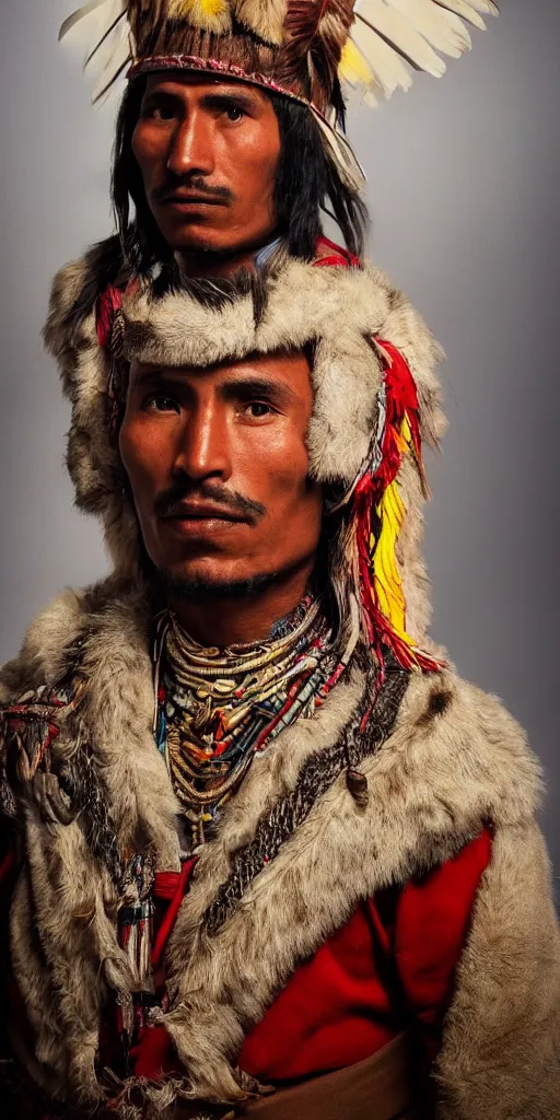 Image similar to portrait of indigenous peruvian man. tupac amaru ii in 1 7 8 1. unreal 5, hyper realistic, realistic, photo realistic, dynamic lighting, highly detailed, cinematic landscape, studio landscape, studio lighting