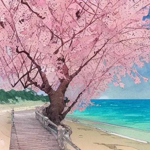 Image similar to a beautiful and inspiring intricate watercolor illustration of a beach landscape view, pink sakura trees growing by the beach, 4 k, ultra - wide angle, by william turner, by victo ngai, by alphonse mucha, by miho hirano, hd, trending on artstation, hyper detailed, muted colors, inspiring, beautiful, paradisiac