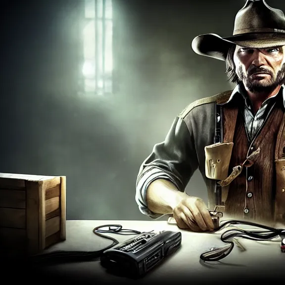 Prompt: john marston playing on a gaming computer in cowboy attire with gaming headphones on in a dimly lit room