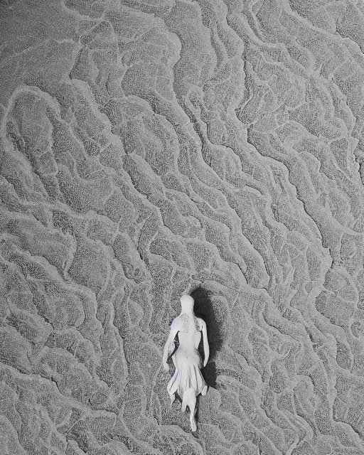 Image similar to a woman standing at the shore, made of intricate decorative lace leaf skeleton, shot from a drone, in the style of the dutch masters and gregory crewdson, dark and moody