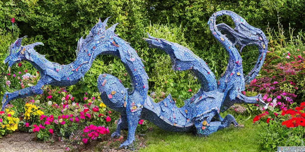 Image similar to folk art garden sculptures in an english cottage garden, cottagecore flower garden, concrete sculpture of a wyrm, colorful mosaic, sculpture by wouterina de raad!!!, art by james tellen, highly detailed, realistic anatomical proportions, textured hand built concrete sculpture, amazing concrete sculpture, 4 k