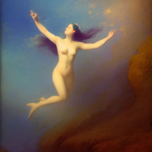 Image similar to a woman swimming underwater by Ivan Aivazovsky and Odilon Redon, skin flaking off like burnt paper, different colored multicolored eyes, long flowing hair underwater, imagination cosmic dream, dreamy, 8k bokeh, award winning , trending on artstation,