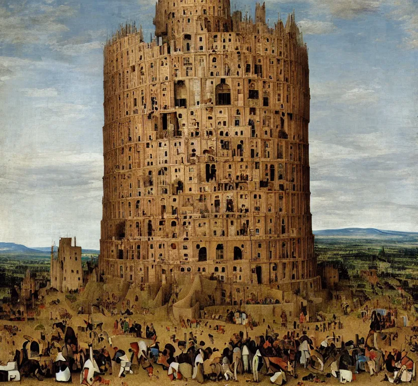 Image similar to a tall tower, somewhat similar to babel, by pieter breugel the elder