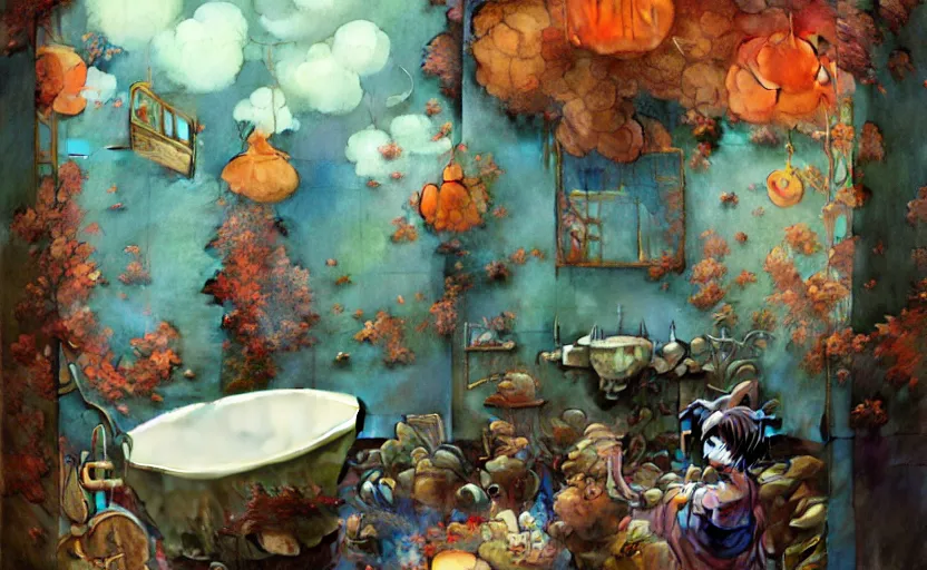 Prompt: bathroom, fantasy. intricate, amazing composition, colorful watercolor, by ruan jia, by maxfield parrish, by marc simonetti, by hikari shimoda, by robert hubert, by zhang kechun, illustration, gloomy