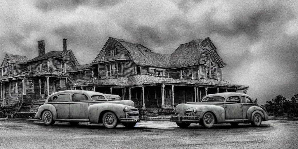 Image similar to Lovecraft Country, ultra detailed haunted house, stormy weather, rain, ultra detailed rain clouds, establishing atmospheric shot, unreal engine, F11 aperture, night, detailed volumetric fog, lighting and thunder, film grain, ultra detailed grey 1948 Packard Station Sedan parked in the street,