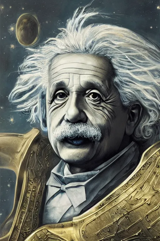 Prompt: breathtakingly beautiful painting of albert einstein in gold armor, thinking about equations, moonlit sky, matte painting by brian froud, shaun tan, wlo and peter mohrbacher, highly detailed, intricate,, award winning artwork, trending on artstation, high quality printing, fine art with subtle redshift rendering