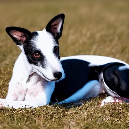 Prompt: old smooth fox terrier with a white and black coat, red collar, white tail, lying in the sun