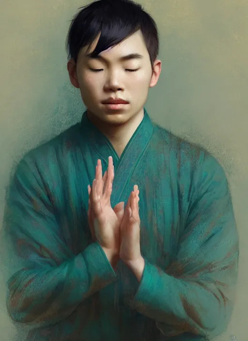 Prompt: boy asian, meditating in lotus position, teal uniform, intricate, elegant, highly detailed, artstation, sharp focus, illustration, ruan jia, mandy jurgens, rutkowski, mucha