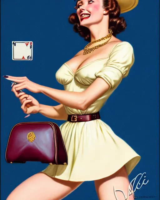 Image similar to a beautiful lady on a magic the gathering card by magali villeneuve and gil elvgren, crisp details, hyperrealism, smiling, happy, feminine facial features, stylish navy blue heels, gold chain belt, cream colored blouse, maroon hat, windblown, holding a leather purse, mtg card, mtg