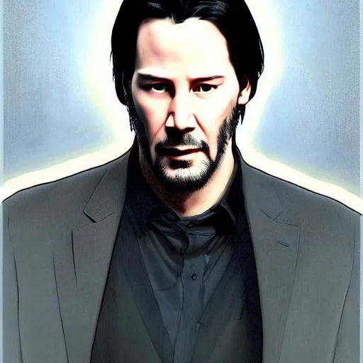 Image similar to Keanu Reeves in Matrix, highly detailed, digital painting, artstation, concept art, smooth, sharp focus, illustration, ArtStation, art by artgerm and greg rutkowski and alphonse mucha and J. C. Leyendecker and Edmund Blair Leighton and Katsuhiro Otomo and Geof Darrow and Phil hale and Ashley wood and Ilya repin and Charlie Bowater