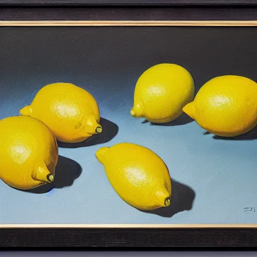 Prompt: a painting of a bunch of lemons on a table, a surrealist painting by zdzisław beksinski, trending on cgsociety, vanitas, cyanotype, apocalypse landscape, photo taken with provia