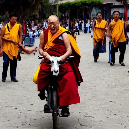 Prompt: photograph of the dalai lama riding a llama in lima