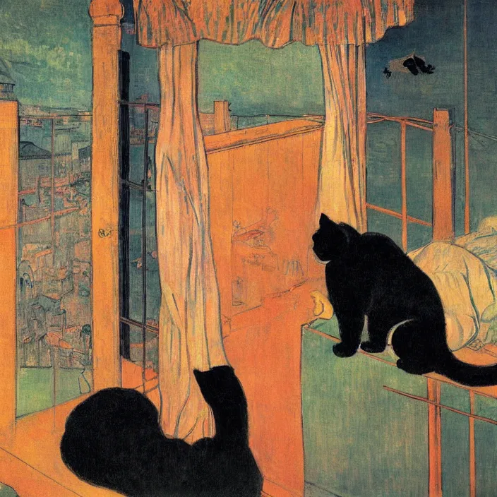 Image similar to couple under a baldachin. iridescent colors, fuzzy black cat. henri de toulouse - lautrec, utamaro, matisse, rene magritte