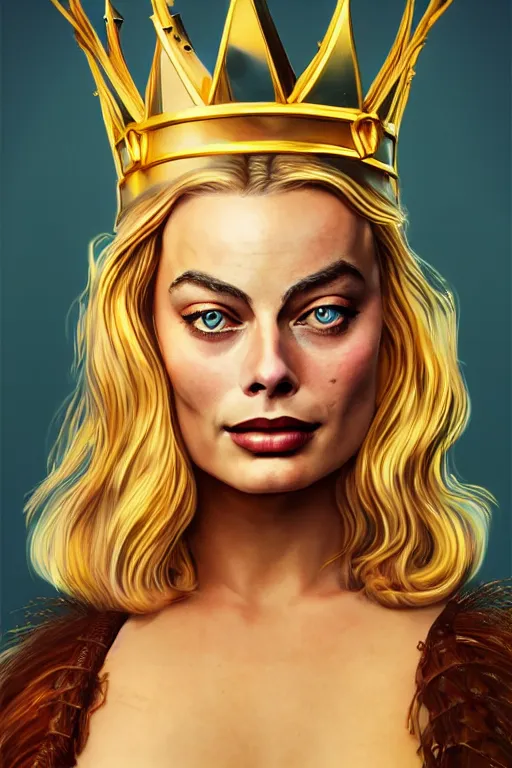 Image similar to Portrait of margot Robbie as a pirate queen with golden crown, elegant, photorealistic, highly detailed, artstation, smooth, sharp focus, gold ornaments, neon lighting, sci-fi, art by Klimt