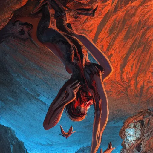 Image similar to of an anthopomorphic spider woman in a cave upside down, scary, beautiful landscape, dramatic lighting, cinematic, establishing shot, extremly high detail, photorealistic, cinematic lighting, post processed, concept art, artstation, matte painting, style by greg rutkowsky