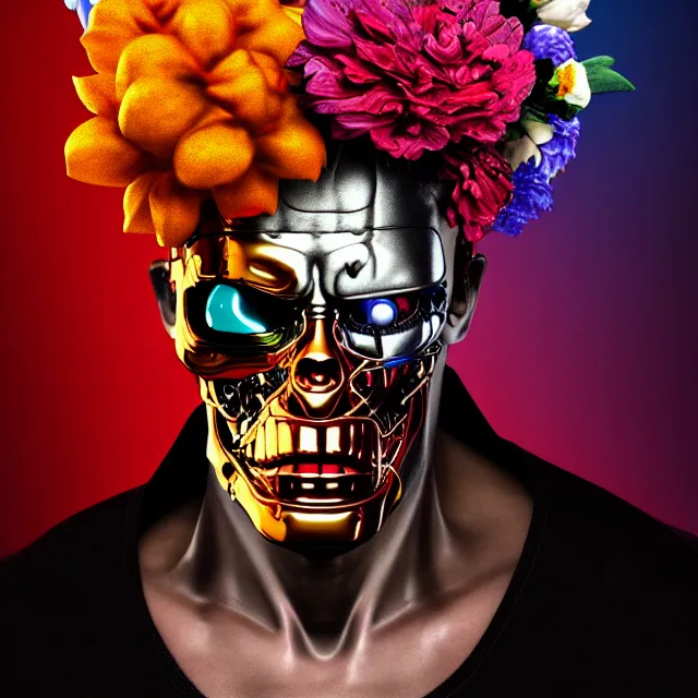 Image similar to bizarre surreal renaissance portrait of the terminator with a a flower afro made out of various flowers, eating flowers, dramatic cinematic lighting, bold colors, 8 k, beautiful intricate painting, hyper realistic, octane render