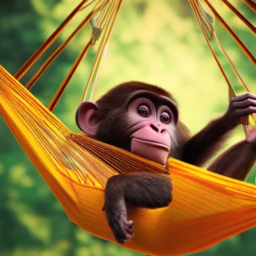 Image similar to digital art of a monkey laying in a hammock eating a banana, octane render, 8 k render, saturated, dynamic lighting