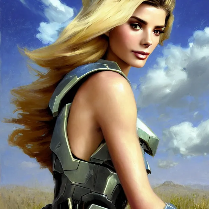 Image similar to portrait of a combination of Ashley Greene, Victoria Justice and Adriana Dxim, Grace Kelly and Lily Collins with blond hair wearing Forerunner armor from Halo, countryside, calm, fantasy character portrait, dynamic pose, above view, sunny day, thunder clouds in the sky, artwork by Jeremy Lipkin and Giuseppe Dangelico Pino and Michael Garmash and Rob Rey and Greg Manchess and Huang Guangjian, very coherent asymmetrical artwork, sharp edges, perfect face, simple form, 100mm