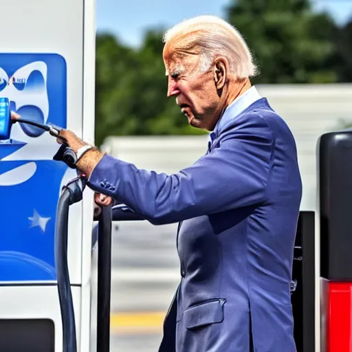 Image similar to joe biden at the gas station pumping gas into his mouth