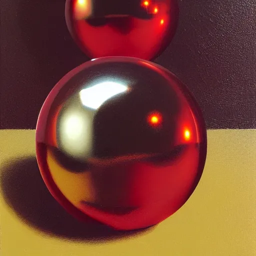 Prompt: chrome spheres on a red cube by mary jane ansell