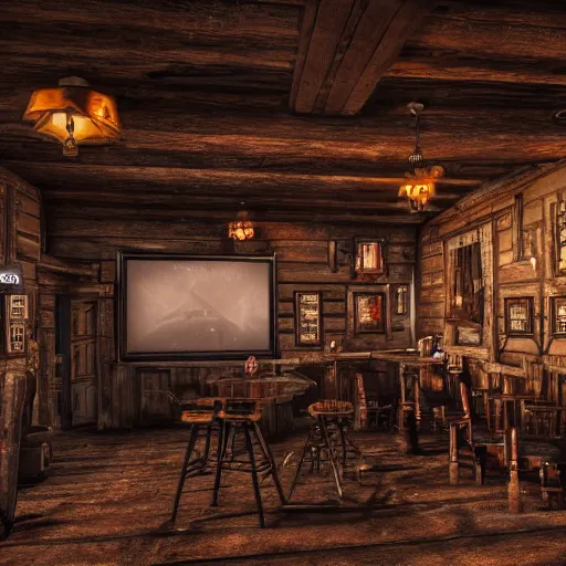 Prompt: old torn down western saloon with a big flickering cinema screen in the middle, centered, dark fantasy, gritty, cinematic, stylish, vintage, ultra realistic. 1 9 2 0 x 1 0 8 0 pixels