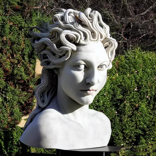 Image similar to medusa sculpture hyperrealistic style made by michelangelo, made with carrara marble