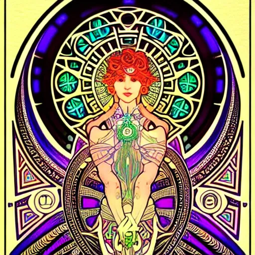 Image similar to psychedelic sacred geometry, intricate, sophisticated, ultra realistic, incredibly detailed, diagram, illustration, trending on artstation, art by alphonse mucha