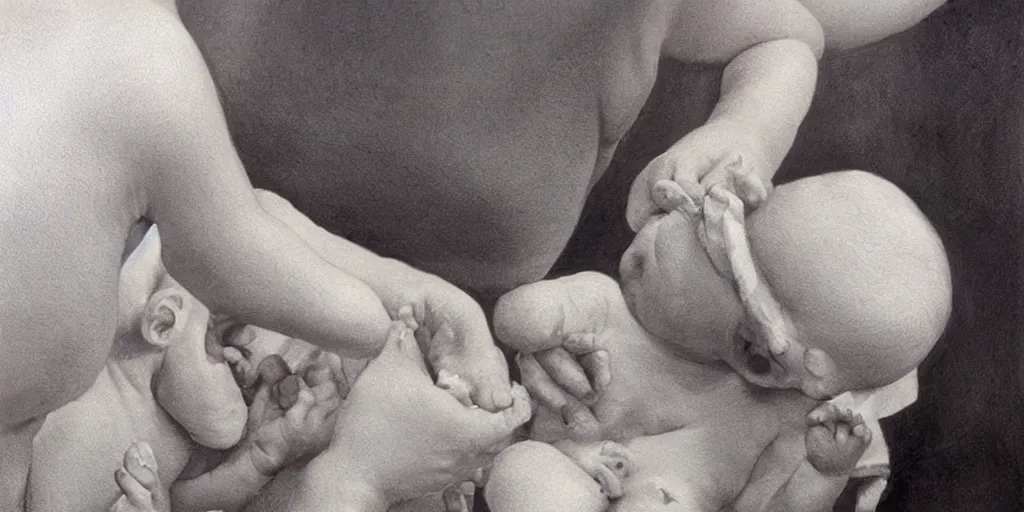 Prompt: Close up of delicate hands washing a baby in a white water jug. Painting by Alex Colville H 768