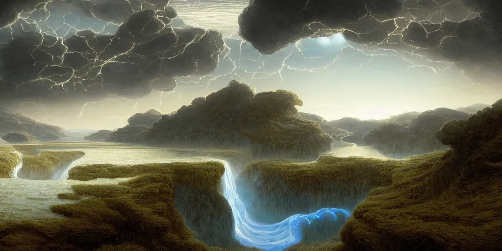 Prompt: digital illustration of the river tethys flowing through an alien landscape, art by Benoit B. Mandelbrot, Steven Belledin, Martin Johnson Heade, Lee Madgwick, and Caspar David Friedrich, a beautifully terraformed alien planet, wide angle, panoramic, fantasy, 8k resolution, deviantart, trending on Artstation, concept art, digital illustration, HDR, Octane, National Geographic Photo