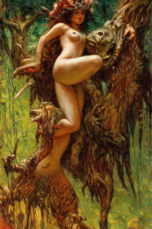 Image similar to the woods are full of monster comic cover. art by gaston bussiere.