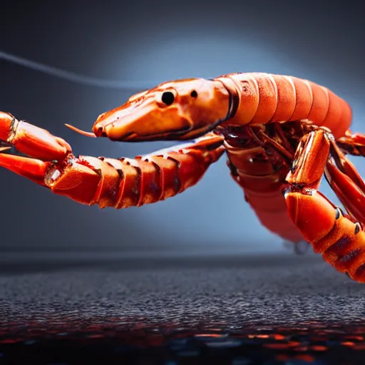 Image similar to a robotic shrimp, god, evil, villain, studio, studio background, sharp focus, dynamic lights, still, photograph, hyper realistic, masterpiece, digital, octane render, rendered, 3 d, blender, 3 d software, cinematic, cinematic lighting, dramatic lighting, dramatic, highly detailed, intricate details, texture, slime, cinematic composition