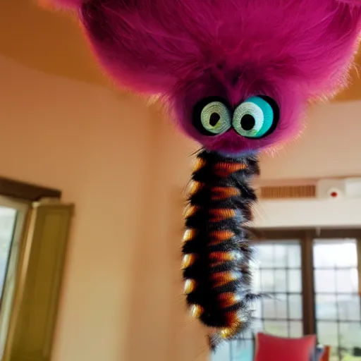 Prompt: elongated centipede furby hanging from the ceiling