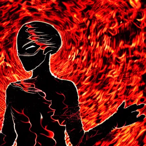 Image similar to Woman made of black flames, wearing a strict business suit, with no face, with glowing red eyes, with a red halo over her head, with red halo glowing out of her wrists, looking off to the side, growing out of a giant rose, rose petals flying in the wind, war, authoritarian, tense, madness combat, strong dramatic cinematic lighting , blood red sky, grey skin, smooth, sharp focus, extremely detailed, illustration, digital painting, artstation, indieground, sharp focus, by Godmachine, alphonse mucha''