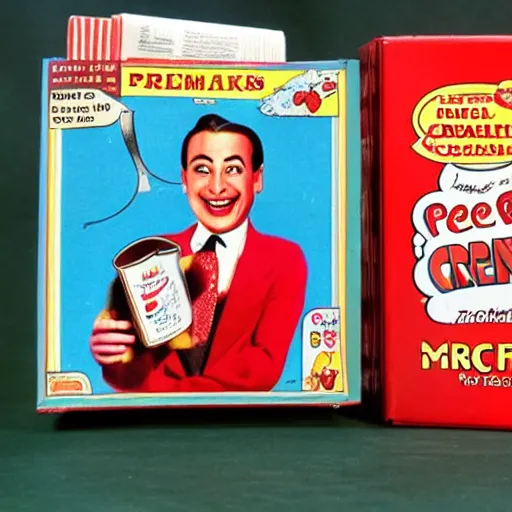 Prompt: peewee herman vintage cereal box, photo