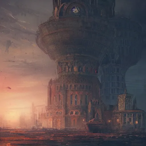 Image similar to saint petersbourg in a post apocalyptic earth as seen by greg rutkowski, dark theme, enchanted, warm colors, high quality, waw, trending on artstation