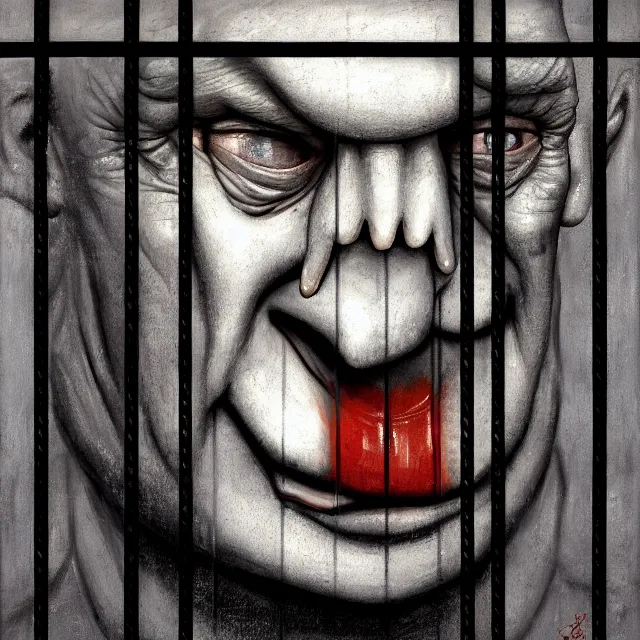 Image similar to prison cell behind bars of jail gediminas pranckevicius | close up portrait of a the trump behind jail bars in the sinister valley of despair, one mouth, one nose, two eyes, oil painting by tomasz jedruszek, cinematic lighting, pen and ink, intricate line, hd, 4 k, million of likes, trending on artstation