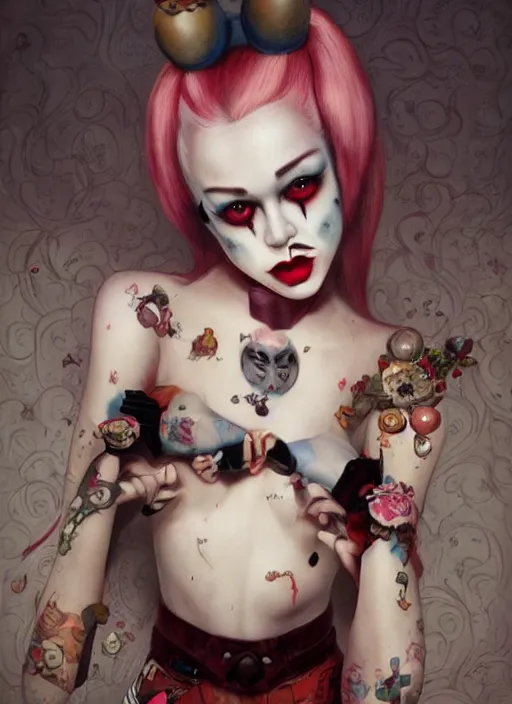 Prompt: pop surrealism, lowbrow art, realistic harley quinn painting, japanese street fashion, hyper realism, muted colours, rococo, natalie shau, loreta lux, tom bagshaw, mark ryden, trevor brown style,