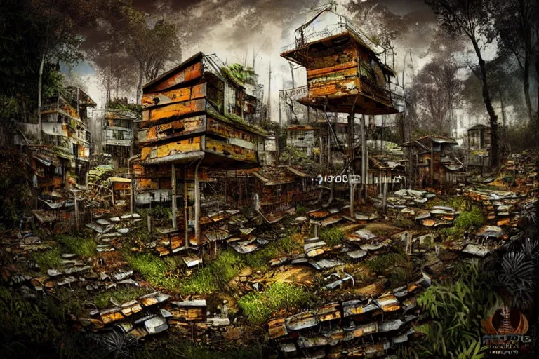 Image similar to favela fungus beehive, wooded environment, industrial factory, apocalyptic, award winning art, epic dreamlike fantasy landscape, ultra realistic,