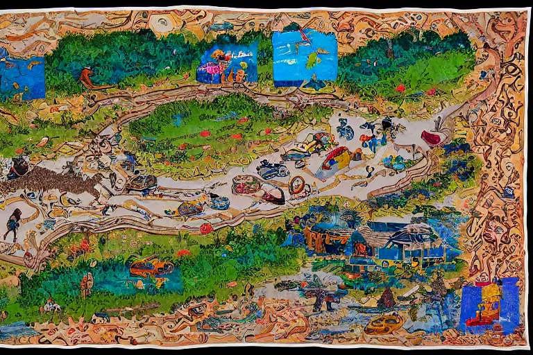 Image similar to an elaborate and dense painting of a kids road map carpet rug, detailed, made of alcohol ink on parchment and penned illustrations, by wes anderson and geoff darrow!!!!!