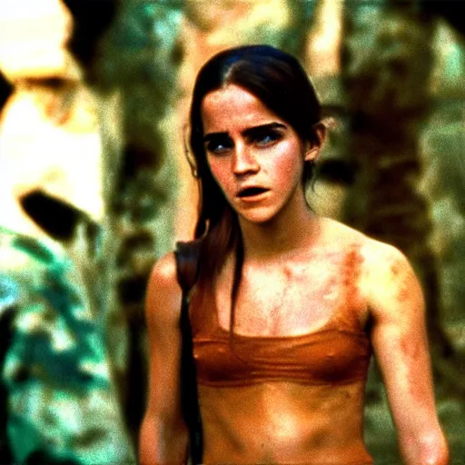 Image similar to film still, extreme far view, emma watson vietnam door gunner, film still from apocalypse now ( 1 9 7 9 ), 2 6 mm, kodak ektachrome, blue tint expired film,