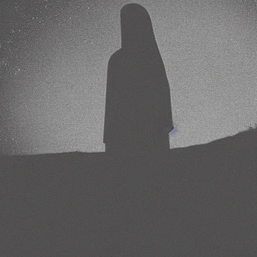 Image similar to tall skinny humanoid creature with no face standing on a hill, night