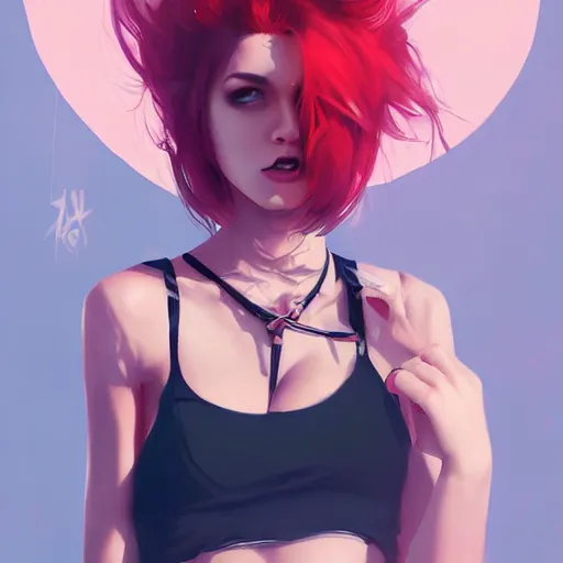 Image similar to portrait of a beautiful punkrock woman in crop top, by guweiz