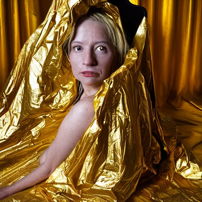 Image similar to a color photograph, closeup portrait of a woman wrapped in a gold mylar foil blanket, sitting on a throne in an abandoned coffee shop, color photograph, by vincent desiderio, canon eos c 3 0 0, ƒ 1. 8, 3 5 mm, 8 k, medium - format print