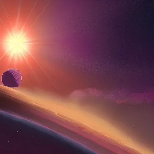 Prompt: a detailed digital painting of a earth - like planet orbiting a large purple sun in space in a sea of stars, by alena aenami, petros afshar and greg rutkowski trending on artstation, deviantart, planet, clouds, earth, exoplanet, stars, nubulae