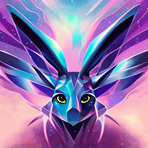 Prompt: geometric symmetrical sylveon with galaxy eyes in space, nebula in the background, intricate, elegant, highly detailed, digital painting, artstation, concept art, smooth, sharp focus, illustration, art by artgerm