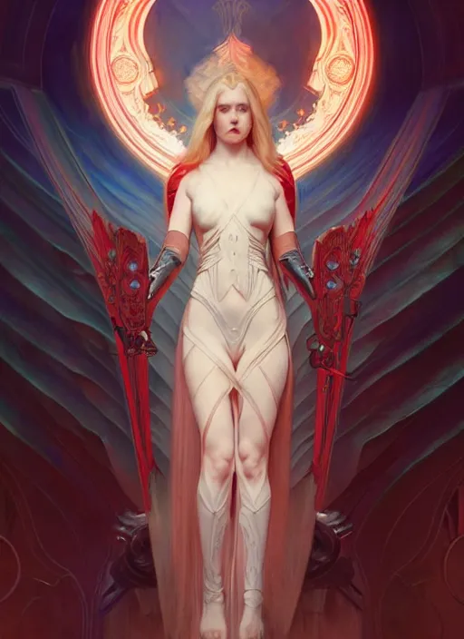 Image similar to the pale blond angel of battle apollo smirking, sci fi, glowing eyes, volumetric lights, red and cyan theme, art nouveau botanicals, intricate, highly detailed, digital painting, artstation, concept art, smooth, sharp focus, cinematic, illustration, beautiful face, art by artgerm and greg rutkowski and alphonse mucha