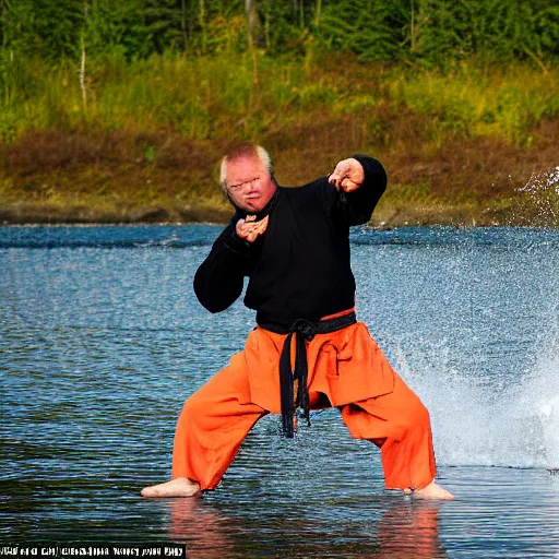 Image similar to kodiak bears kung - fu fighting on a lakefront using salmon as weapons, in the style of the flinstones,